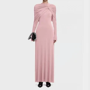 ZYHT 70130 New Solid Pink Elegant Maxi Dress Women Classic Simple Long Sleeve Cape Ruched Robe Female Party Modest Evening Dress