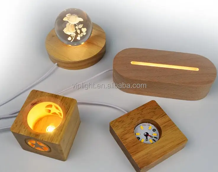 LED Wood Light Display Base for Crystal Glass Resin Art Wooden Lamp Stand Square Lighted Base 3D Acrylic Crystal Sphere Holder