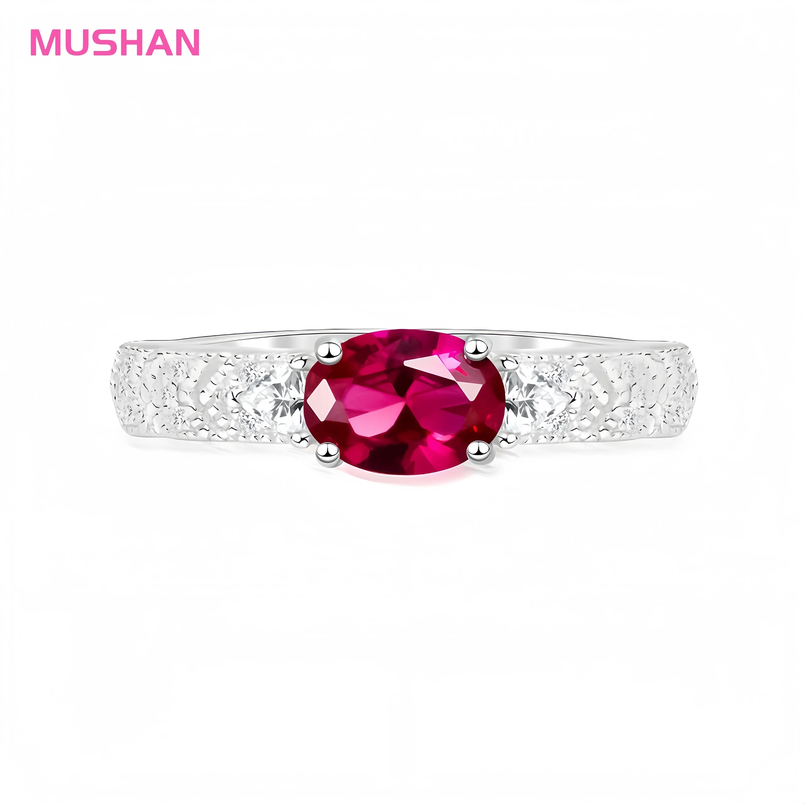 MUSHAN Jewelry Factory 5*7mm Simple 1ct Red and Blue Green Lab Grown Gemstones Ring Women Wedding Band 925 Sterling Silver Rings