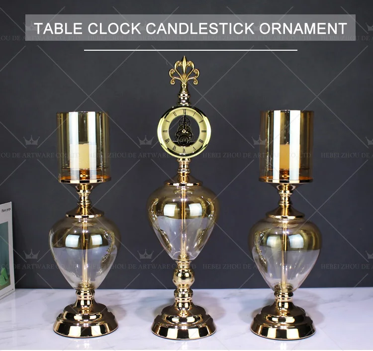 New Luxury Gold Metal Desk Clock Glass Transparent Clock Candle Holder
