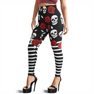 Customized Women's Yoga Pants Rose Skull Painted High Waist Elasticity Sweat Wicking Full Length Leggings
