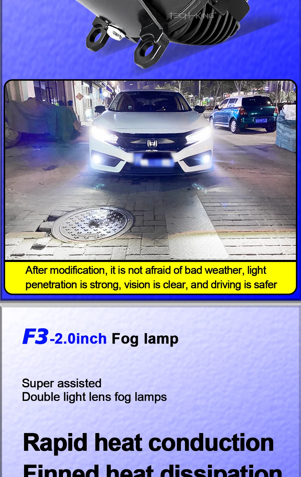 TECH-KING new 2.0-inch 12V 72W high-brightness focused automotive projection light T oyota Nissan LED dual-light lens fog lamps