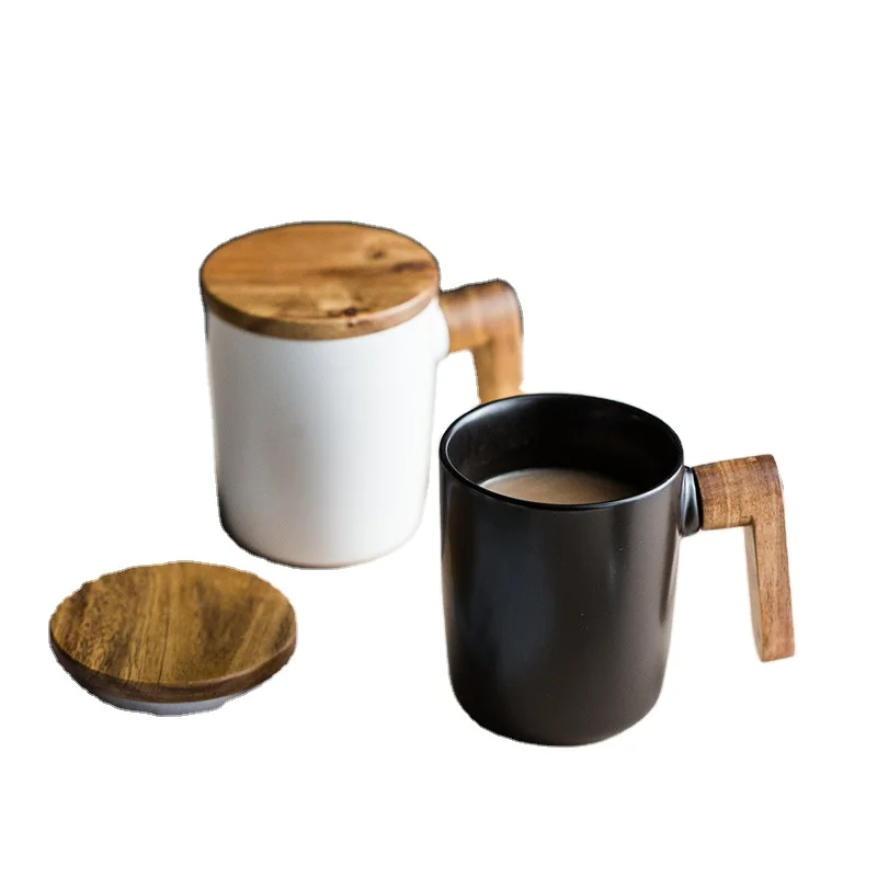 porcelain mug with wooden handle and lid 380ml new bone china mug mat surface