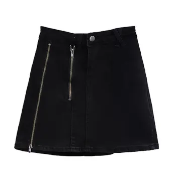 Women's Casual Black High Waist Zip Detail Mini Denim Jean Short Skirt Denim Jeans A- Line Skirt