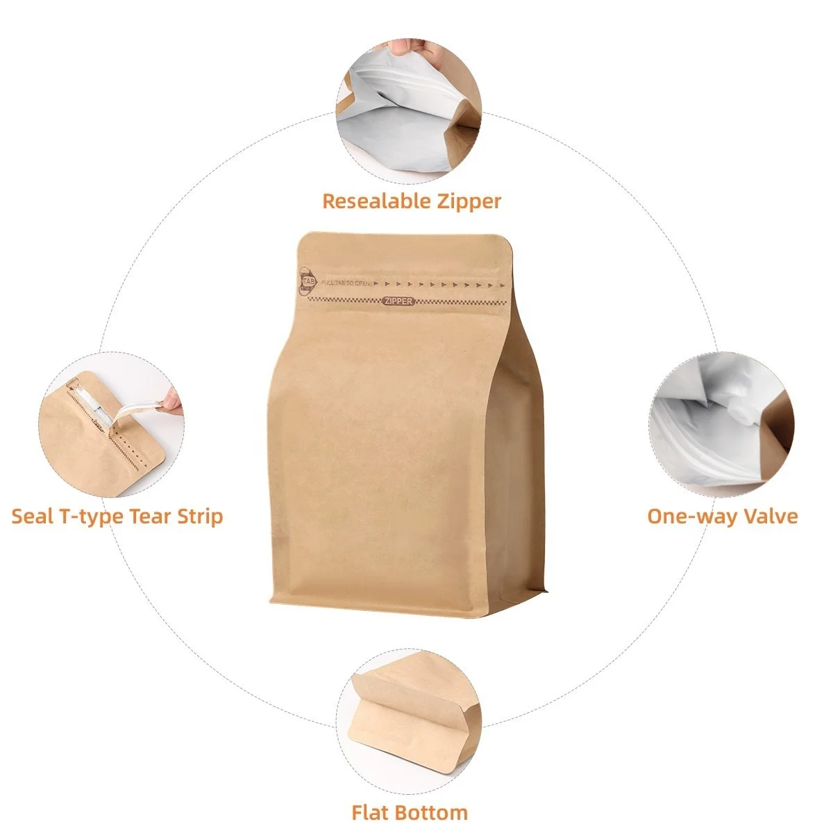 Kraft Paper Resealable Coffee Bag 1kg 500g 250g Matt Flat Bottom White PE Plastic Aluminum Foil Pack with Valve Zipper