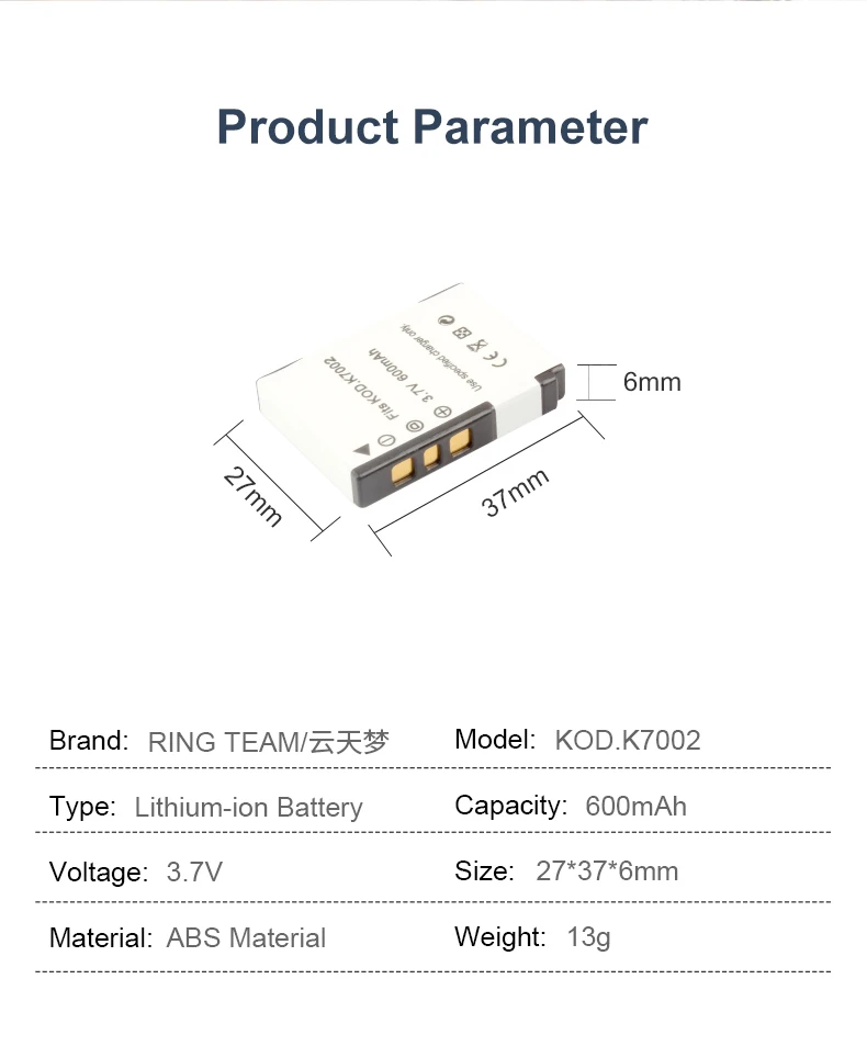 3.7V 600mAh Rechargeable KLIC-K7002 Battery Pack KLICK7002 Lithium ion Batteries for Kodak V530 V603 V630 Cameras supplier