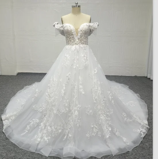 Queens Gown Bridal Dress Off-shoulder Tassel Deep V Neck 3d Flower Lace ...