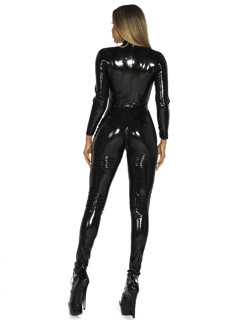 Women Black Faux Leather Jumpsuit Long Sleeve Zipper Catsuit Clubwear ...