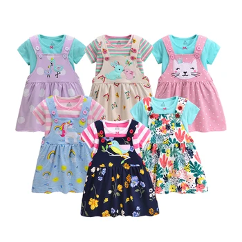 2pcs/set 100% Cotton Summer Dress Set for Baby Girls Short Sleeve Floral T-Shirt with Cute Pocket Strap Braces Outfit