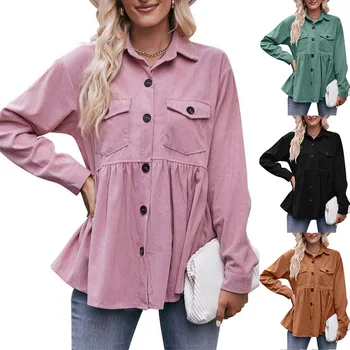 Womens Corduroy Shirts Casual Long Sleeve Button Down Blouses Tunic Babydoll Dress Loose Pocket Jacket Shackets