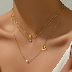 Japanese Korean Small Fresh Multi-layer Electroplated Stainless Steel Pendant Necklace Peach Heart Chain