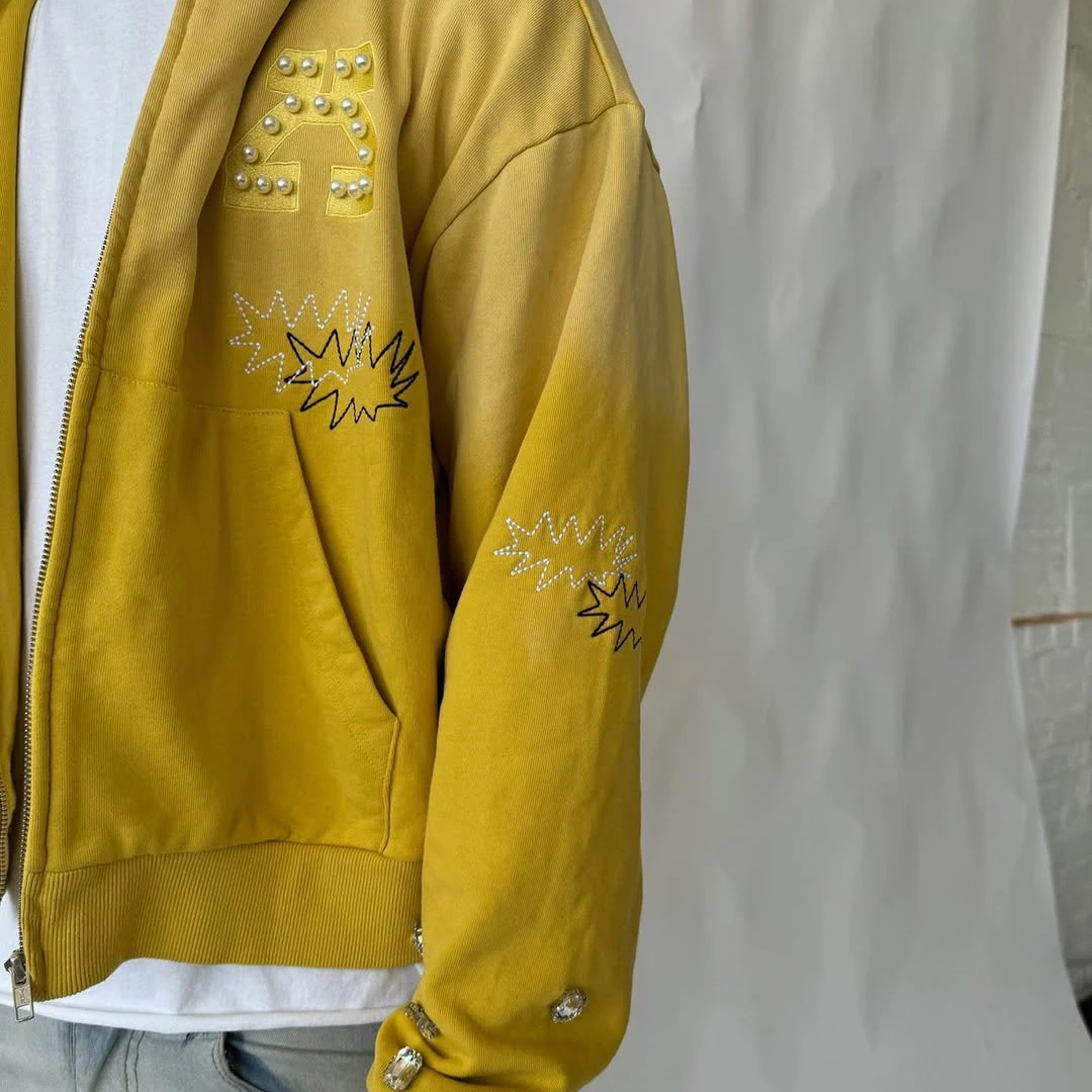 Salati High Quality Custom 100% Cotton Thick 430 GSM Zipper Pearl Sun Faded Distressed Embroidery Acid Wash Hoodie Homme for Men gallery 4