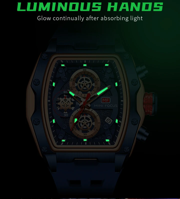MINI FOCUS 0473 Fashion Men Silicone Waterproof Quartz Watch Multi-function Chronograph Men's Luminous Calendar Wristwatches