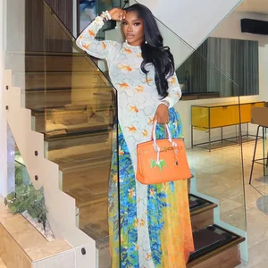 GX2979 Fashion 2026 Women's Summer Clothing Boutique O-Neck Long Sleeve Printed Maxi Dress Elegant See Through Mesh Dresses
