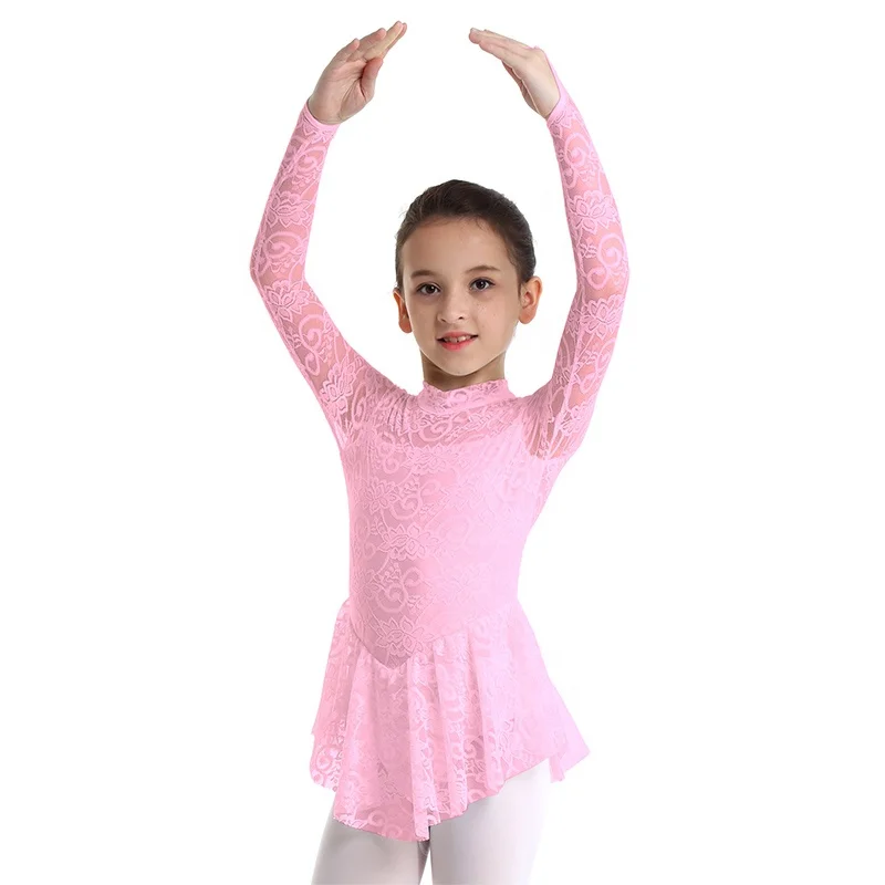 Kids Girls Ice Skating Dress Long Sleeve Ballet Dance Leotard Dress Lace Costume 