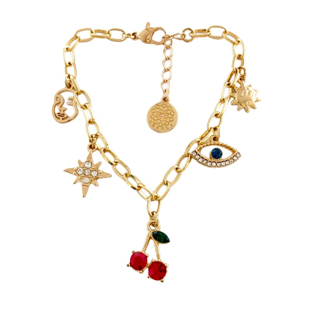 2025Wholesale Classic Style Gold Plated Crystal Diamond Star Eye Charm Bracelet for Women Alloy Fruit Pattern Bangles