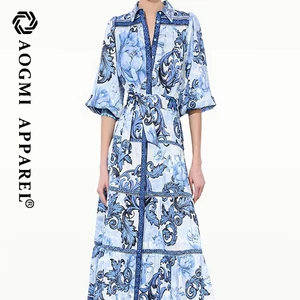 Haute Couture Fashion Ladies European Chiffon Maxi A-Line Ultra High Waist Eco-Friendly Large Pendulum Porcelain Print Dress