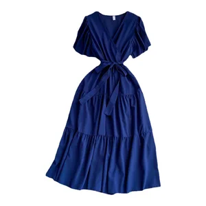 New Korean Design Solid Color Simple Match All Puff Sleeve Midi Dress Female Casual Dresses