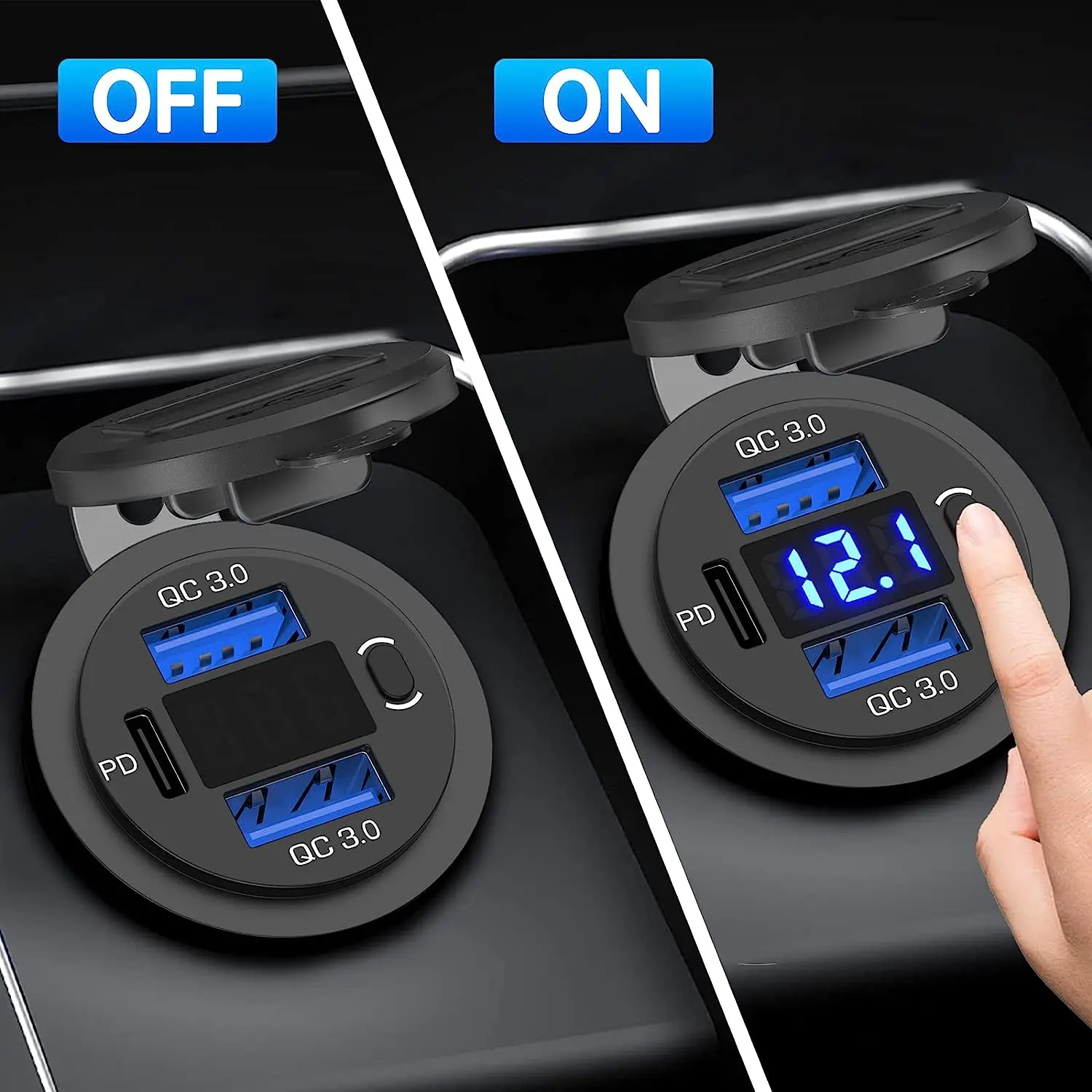 Presa USB 12V con Doppia Porta di Ricarica Rapida 3.0 da 18W e PD 20W, Caricatore USB C per Auto con Voltmetro e Interruttore, Impermeabile