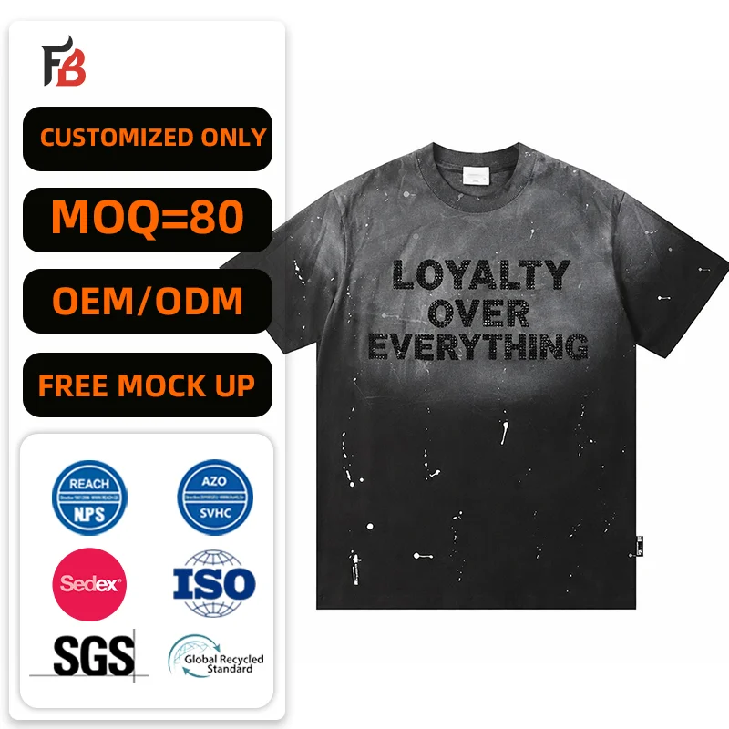 OEM/ODM Acid Washed Vintage Tee Wash Graphic T Shirt for Men Cotton Custom Oversize Rhinestones  Men'sT-shirts