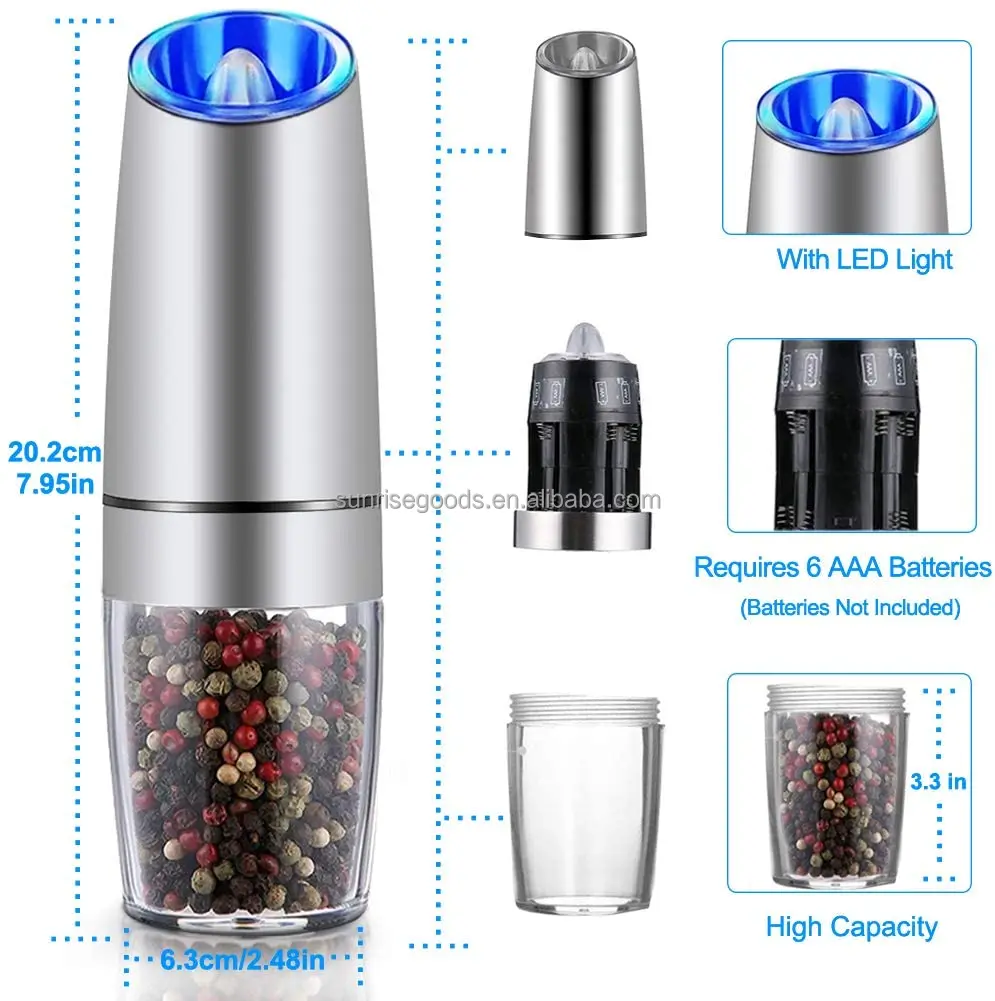 Gravity Electric Pepper and Salt Grinder Set, Battery Operated Pepper Mill  with Blue LED Light, One Hand Operation, Flip to Grind, Adjustable