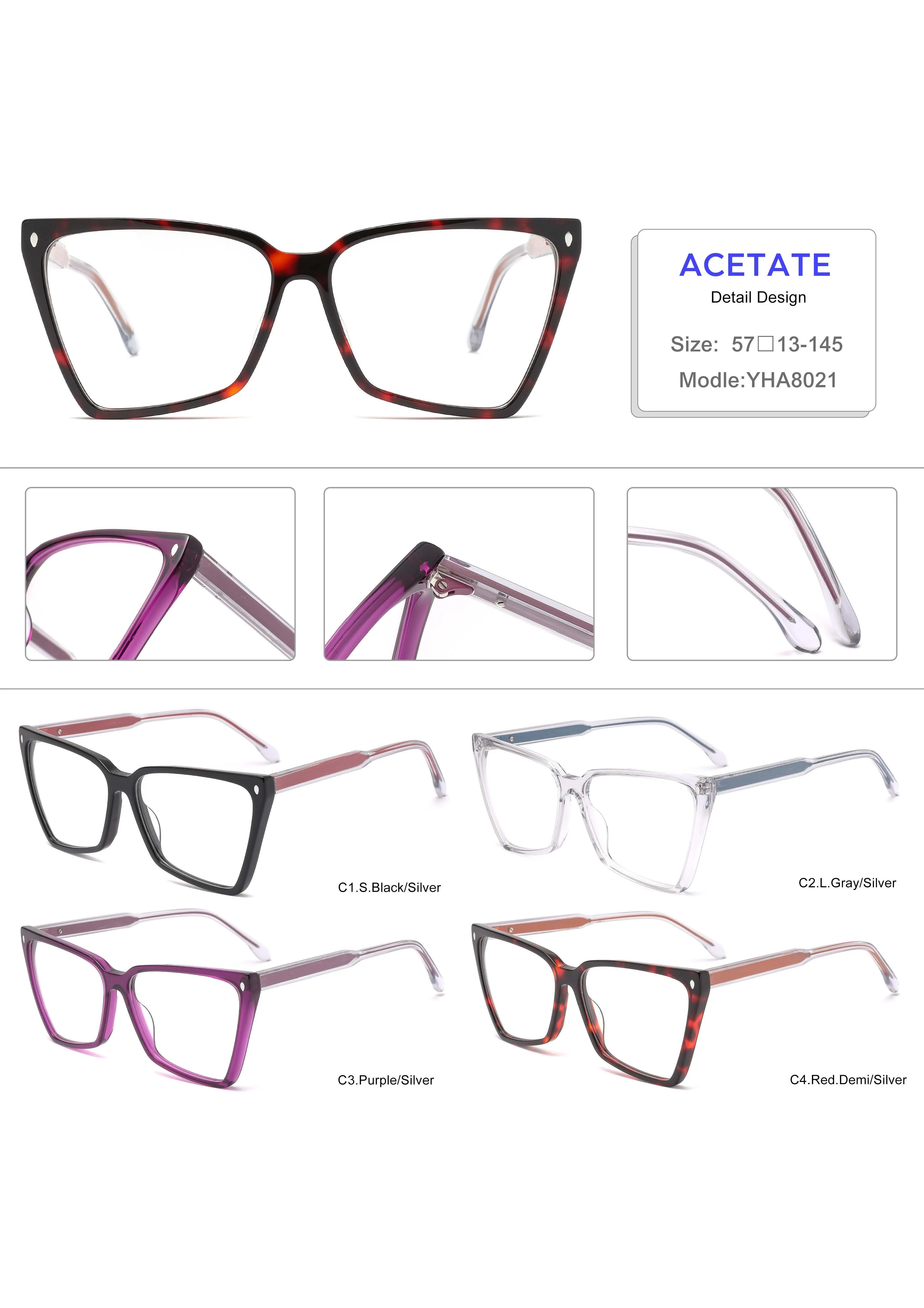 WYHX- YHA8021 New Woman Fashion Acetate Cat Eye Eyeglasses Frames for All Face Spectacle Eyewear with Hinge Insert Temple Pins