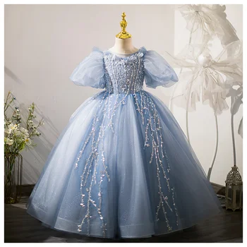 Children's Dress Blue Bubble Sleeves Fluffy Yarn High end Girls' Princess Dress Model Walk Show Piano Performance Dress