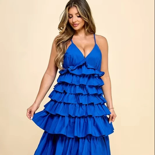 Dresses Women Lady Elegant With V-neck And Tiered Ruffles Sleeveless For Galas - Blue Dress - Image 1