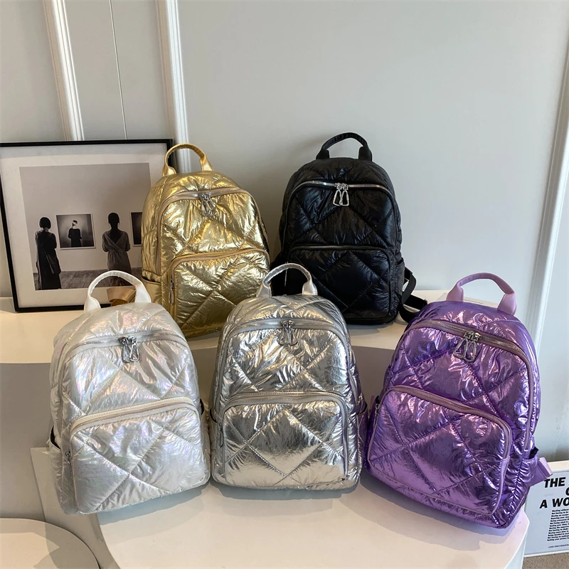 Fashion Metallic Quilted Backpacks for Woman Lightweight Space Cotton Padded Custom Womens Puffer Bag Backpack Fashion Metallic Quilted Backpacks for Woman Lightweight Space Cotton Padded Custom Womens Puffer Bag Backpack