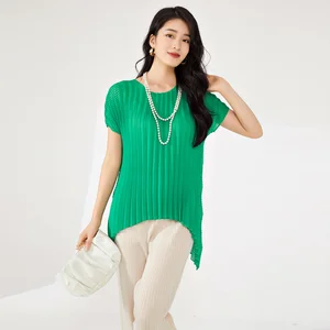 Women's High Quality Pleated T-Shirt Vintage Western Style Large Size Stretch Irregular Short-Sleeved Top Printed Decoration