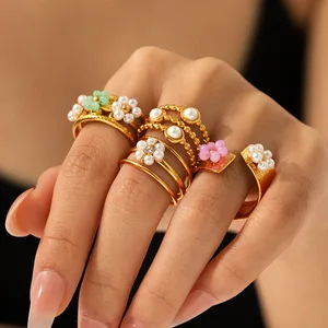 MW 18K Gold Plated Trending Cute Flower Pleated Dislocation Pearl Pink Crystal Wide Open Ring Adjustable Stainless Steel Ring