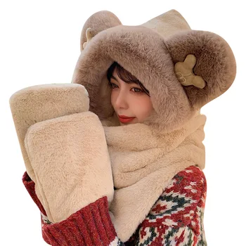 Autumn and winter bear hat scarf gloves one warm ear protection three-piece set cute hooded plush
