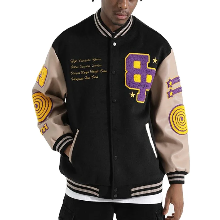 High Quality Alphabet Crucifix Leather Sleeve Baseball Patchwork Chenille Embroidery Varsity Jackets For Men_voghion.com