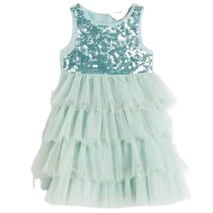 Wholesale Manufacture Sparkle Green Sequin Soft Tulle Cake Dress Girls Dresses 2-12 Children Clothing