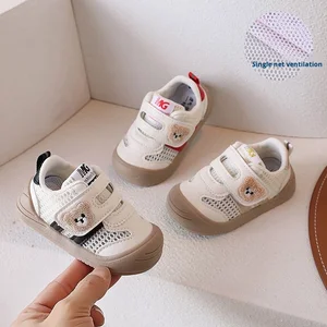 2026 Summer Edition Baby Walking Shoes Bear Embroidery Single Mesh Breathable Infant Slip-On Kindergarten Closed-Toe Rubber