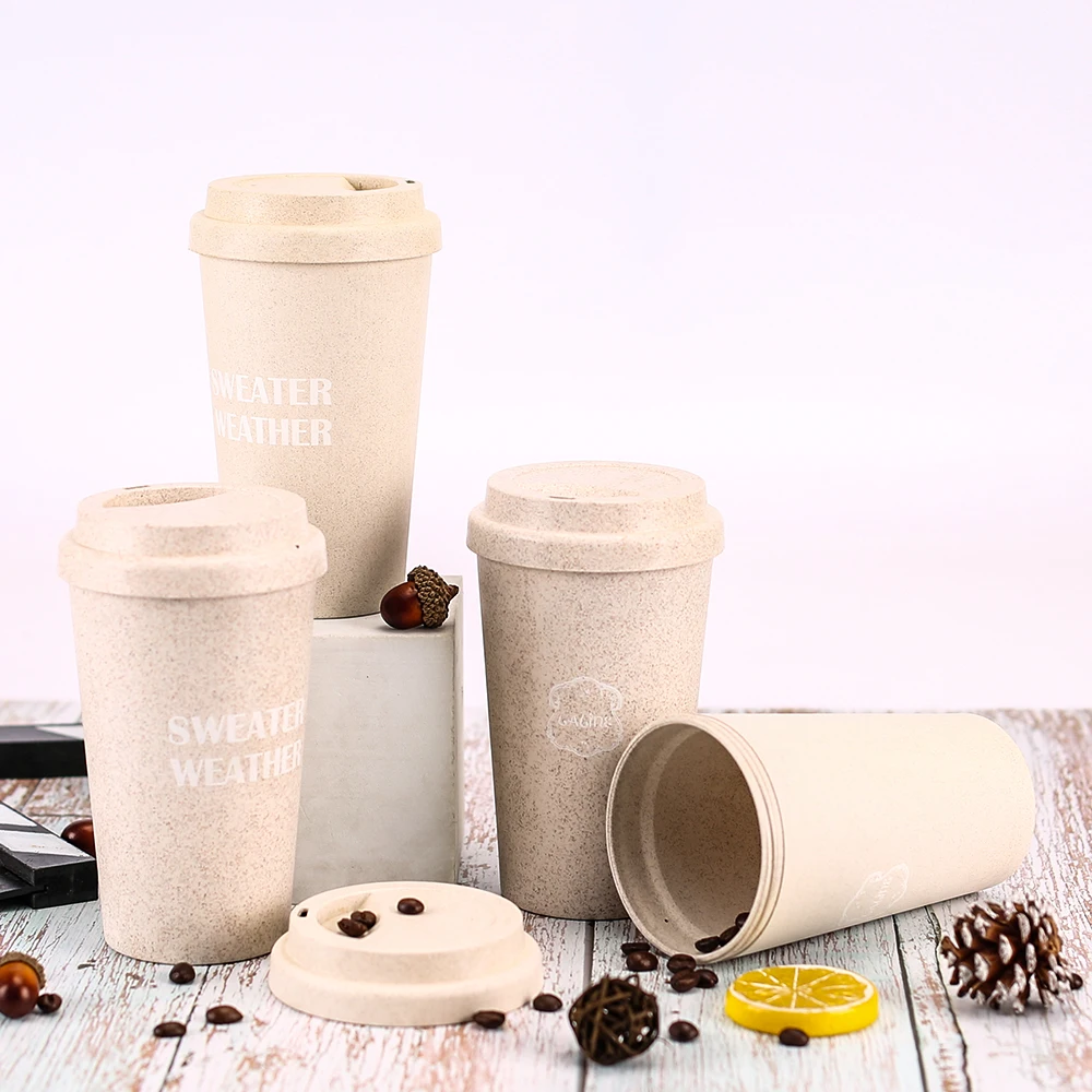 14 унций, биоразлагаемое пшеничное волокно, пластиковая Изолированная кружка для кофе с двойными стенками и крышкой