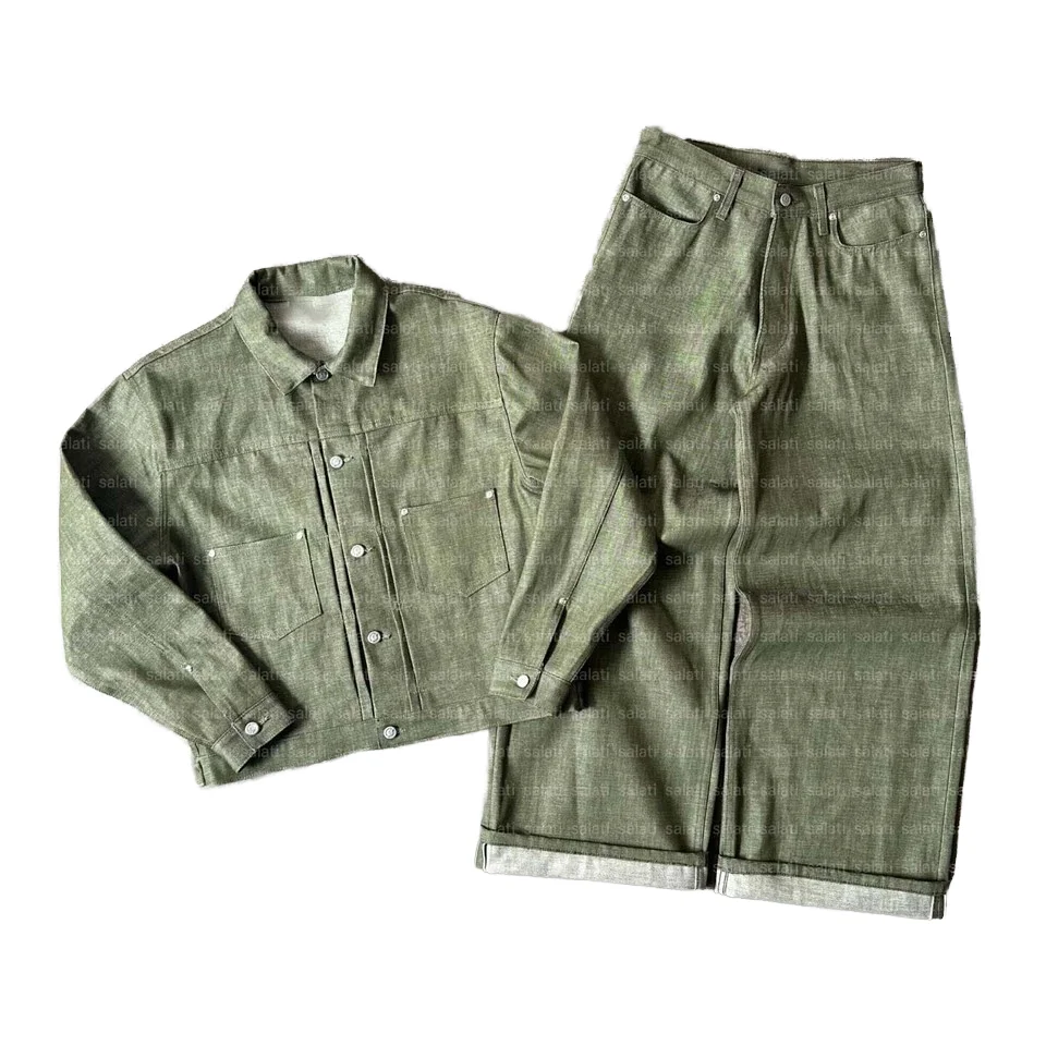 Men's Two-Piece Pant Set Button Suit Jacket Japanese Raw Denim Outfits Selvedge Jeans Jacket Printed Raw Denim Jacket Set