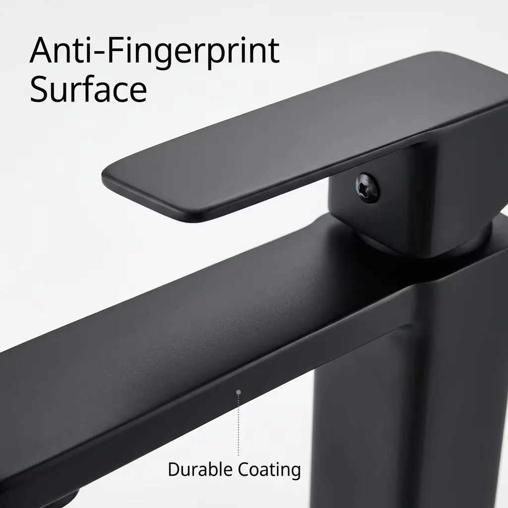 Chrome black basin tap with smooth surface Close-up detail of matte black finish on bathroom sink faucet