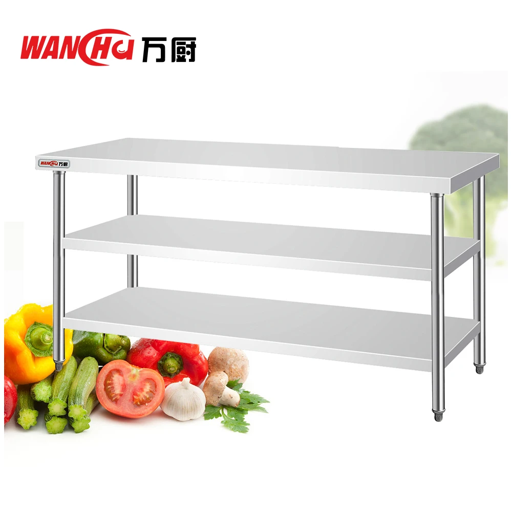 Industrial Design Style Stainless Steel Work Table with 3 Tiers Under Shelf Top Shelf for Dining Room or Hotel Home Furniture