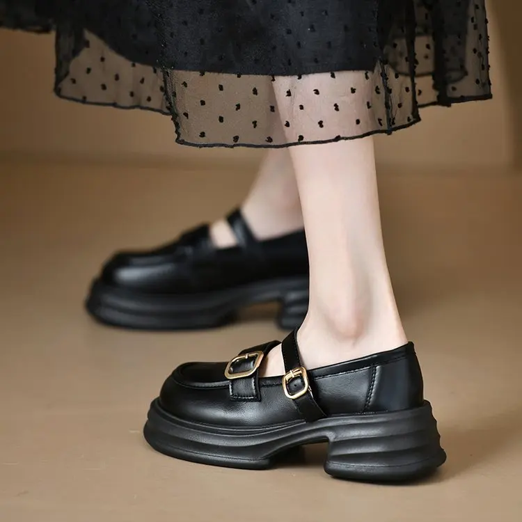 Spring New Black Loafers Shoes Women's Thick Soled Mary Jane Buckle ...