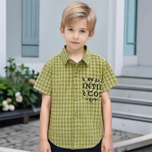 New Eco-Friendly Children's Spring and Autumn Washed Pure Cotton Boy's Short-Sleeve Plaid Shirt