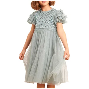 Custom ODM Children's 3D Sparkling Princess Skirt Light Blue Sequined Tulle Summer Knee-Length A-Line Ruffled Sleeves Girls