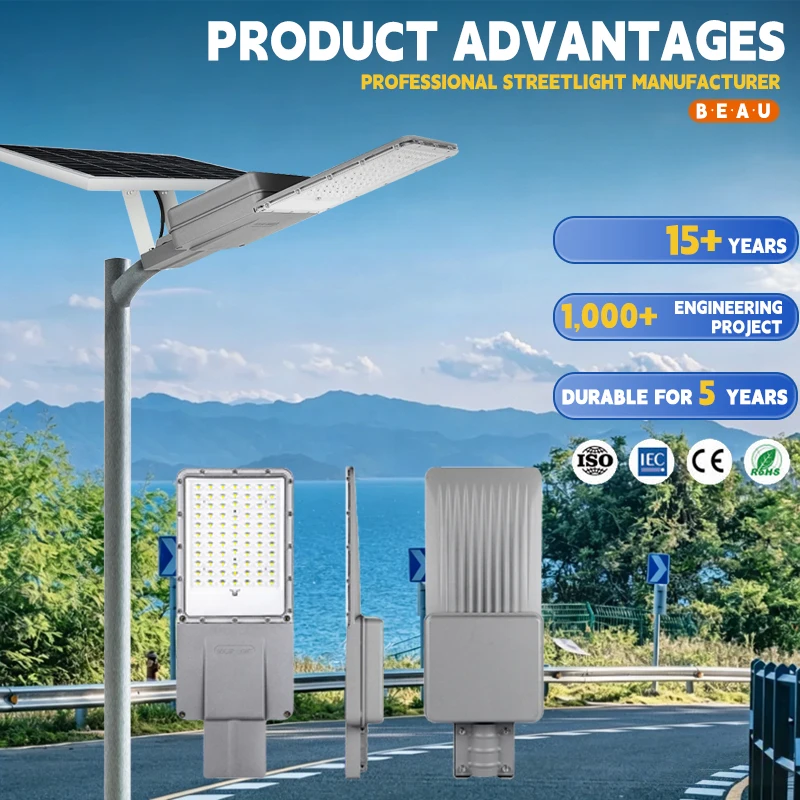 Landstraßenleuchte mit IP65-Schutzklasse, wasserdichte Außen-Gartenstraßenleuchte, 50 W–200 W, integrierte All-in-One-LED-Solarleuchte mit 5-jähriger Garantie