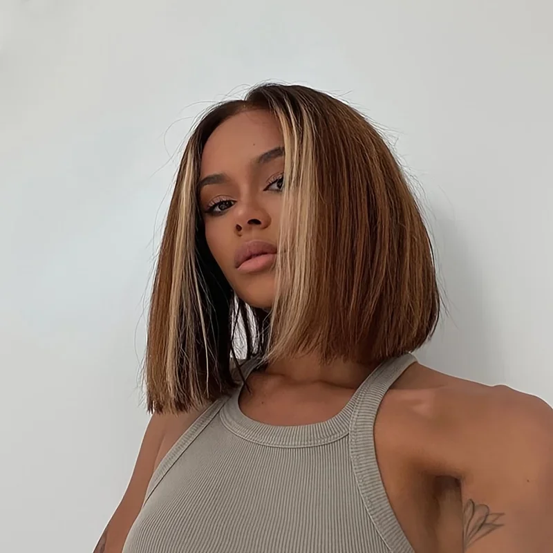P4 27 Highlight gekleurde korte bob kant frontale menselijk haar pruiken vrouwen steil remy haar pruiken_voghion.com