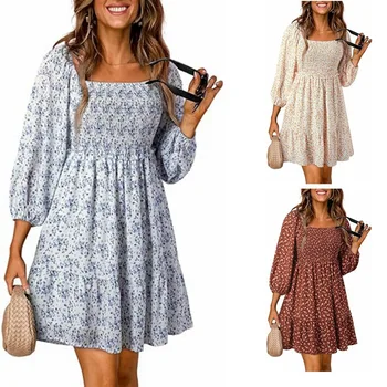 European and American 2024 spring and summer women's dress square neck shirred three-quarter sleeve A-line print lady dress