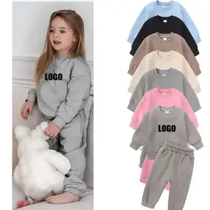 Custom Winter Kids Clothes Crew Neck Solid Sweatshirt Set Girls & Boys Sweatsuit Jogger Sets 100% Cotton Wholesale