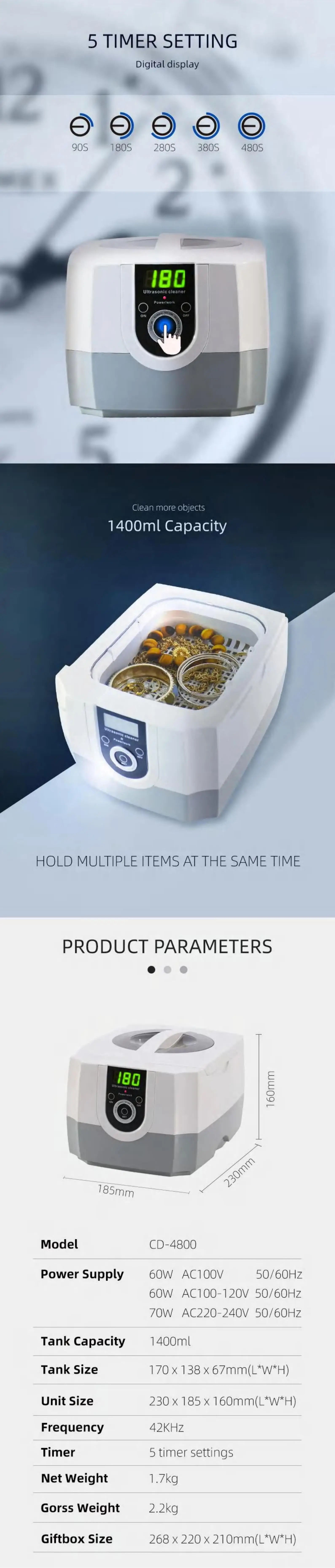 Household Eyewear Cleaning Equipment 1400ml Capacity Ultrasonic Glasses Cleaner CD-4800 Portable Ultrasonic Cleaner Machine
