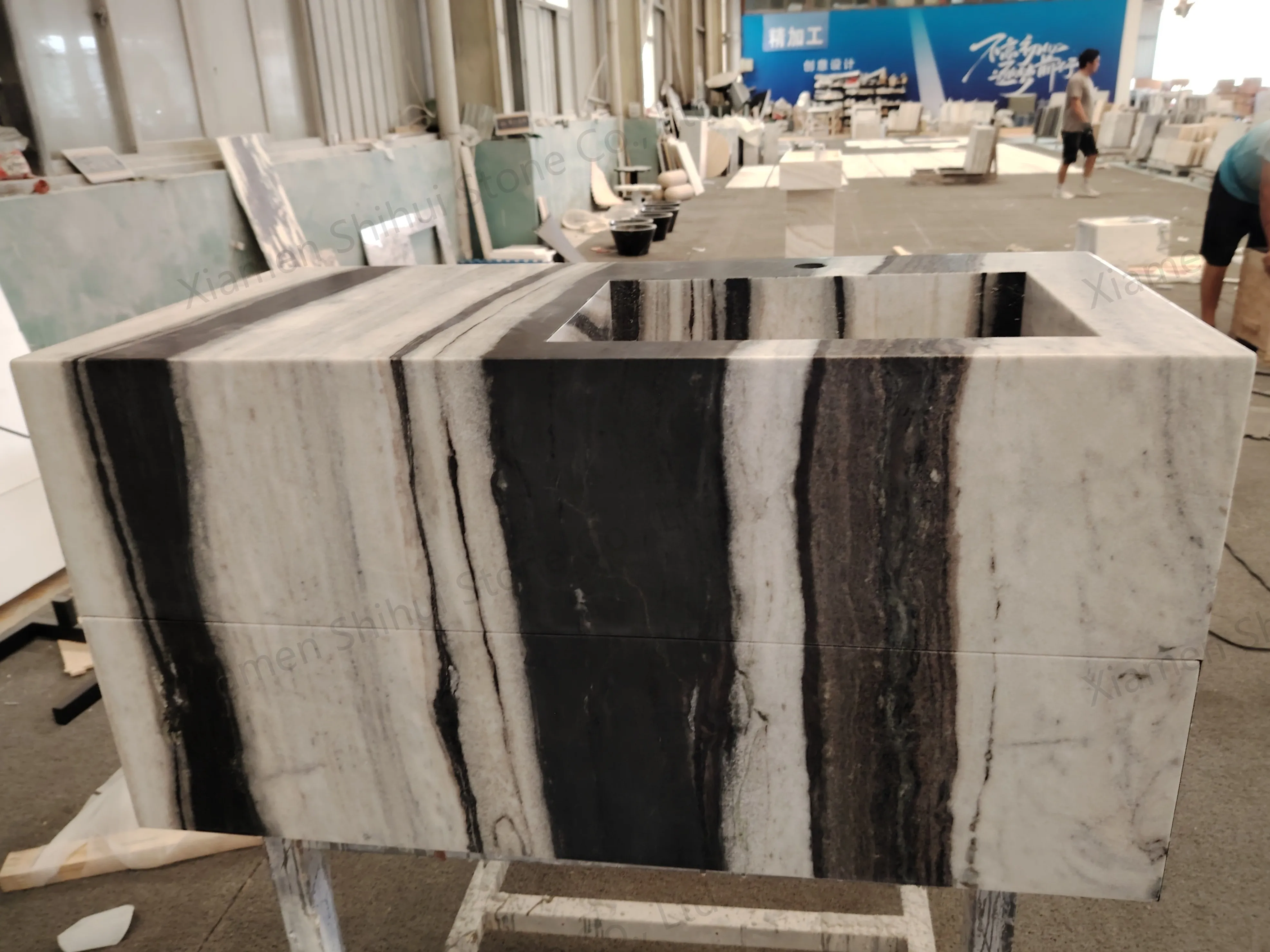 SH STONE Customized Modern Design Natural White Black Marble Single Sink Wash Basin Cabinet for Villa Bathroom Decoration