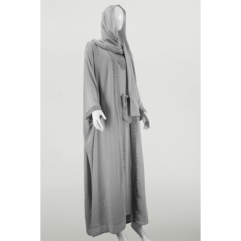 New Designs Eid Dubai Islamic Elegant Modest Abaya Women Muslim Dress Inner Slip Dress Abaya Set Embroider Satin Silk Open Abaya