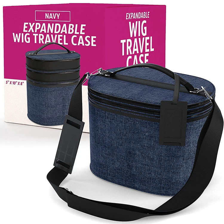 Newest Design Nylon Navy Blue Lightweight Portable Wig Travel Carrying Case Storage Bag With